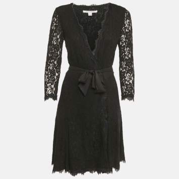 Pre Owned Diane Von Furstenberg Black Lace Wrap Around Mini Dress M