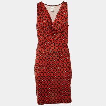 Pre Owned Diane Von Furstenberg Brick Red Printed Silk Keesa Sleeveless Dress L