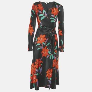 Pre Owned Diane Von Furstenberg Black Floral Print Silk Midi Wrap Dress M