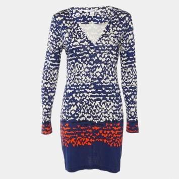 Pre Owned فستان ديان فون فورستنبرغ حرير مطبوع أزرق كحلي ضيق مقاس كبير (لارج)