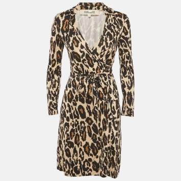 Pre Owned فستان ديان فون فرستنبرغ جيرسيه بي نقشة الفهد بني صغير جداً