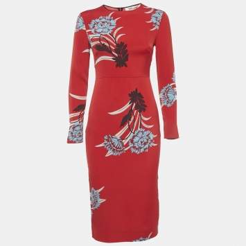 مملوكة مسبقًا Diane Von Furstenberg Red Floral Print Crepe Midi Dress XS