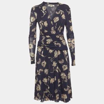 مملوكة مسبقًا Diane Von Furstenberg Navy Blue Floral Print Jersey Wrap Midi Dress M