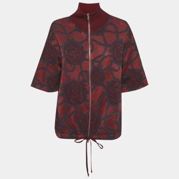 Pre Owned Diane Von Furstenberg Red Rose Pattern Zip-Up Knitwear M