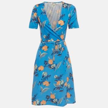 Pre Owned Diane Von Furstenberg Blue Floral Print Silk Wrap Dress S