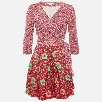 Pre Owned Diane Von Furstenberg Pink Printed Jersey and Cotton Jewel Wrap Dress M