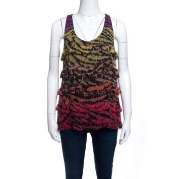 Pre Owned Diane Von Furstenberg Multicolor Printed Silk Ruffled Tiered Pitonesa Top M