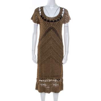 Pre Owned Diane Von Furstenberg Dull Gold Perforated Crochet Knit Kalakaua Dress L
