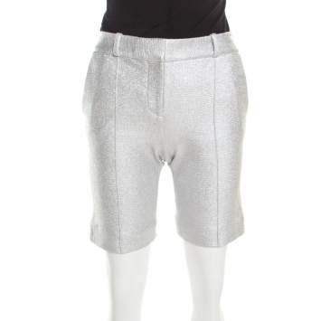 Pre Owned Diane von Furstenberg Metallic Silver Silk Lined New Boymuda Shorts S