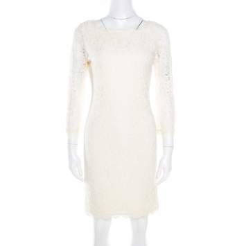 Pre Owned Diane Von Furstenberg Cream Long Sleeve Zarita Lace Dress S