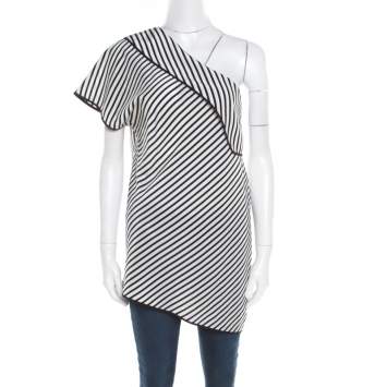 Pre Owned Diane Von Furstenberg Monochrome Alsen Stripe Silk One Shoulder Top L