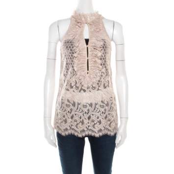 Pre Owned Diane Von Furstenberg Beige Floral Lace Ruffle Trim Sleeveless Olvida Top S