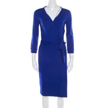 Pre Owned Diane von Furstenberg Cobalt Blue Jersey New Julian Wrap Dress M