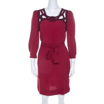 Pre Owned Diane von Furstenberg Burgundy Crepe Cut Out Neck Detail Belted Jadey Dress S