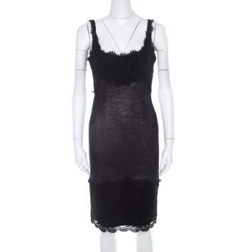 Pre Owned Diane Von Furstenberg Silver and Black Lace Paneled Olivette Sheath Dress M