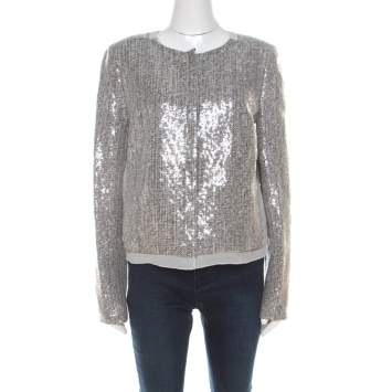 Pre Owned Diane von Furstenberg Silver Sequin Embellished Tweed Tamali Jacket L 