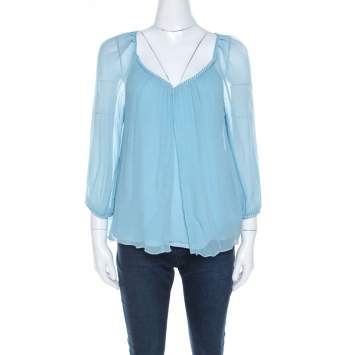 Pre Owned Diane von Furstenberg Powder Blue Plisse Chiffon Silk Fenobe Blouse M