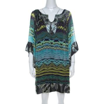Pre Owned Diane Von Furstenberg Blue Deco Print Silk Tabalah Tunic Dress M