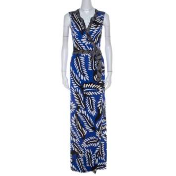 Pre Owned Diane Von Furstenberg Blue Printed Silk Jersey Orchid Maxi Wrap Dress M
