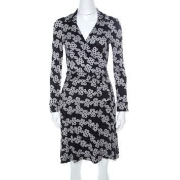 مملوكة مسبقًا Diane Von Furstenburg Black & White Love Knot Print T72 Wrap Dress M