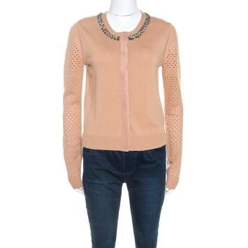 Pre Owned Diane Von Furstenberg Camel Wool Blend Perforated Sleeve Detail Donna Cardigan M