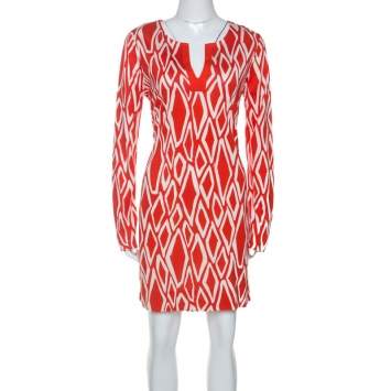 Pre Owned Diane Von Furstenberg Coral Red Ikat Print Silk Reina Long Sleeve Dress L