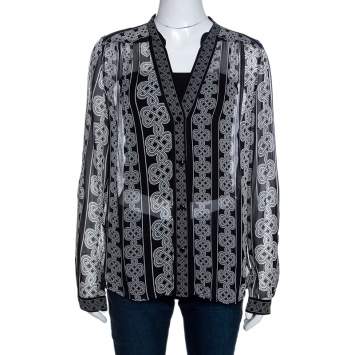 Pre Owned Diane Von Furstenberg Monochrome Knot Print Silk Harlow Blouse L