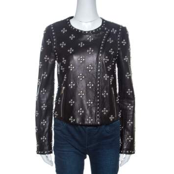 Pre Owned Diane Von Furstenberg Black Leather Studded Cocoa Jacket S