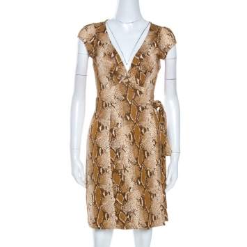 Pre Owned Diane Von Furstenberg Brown Snake Print Silk Kye Wrap Dress S