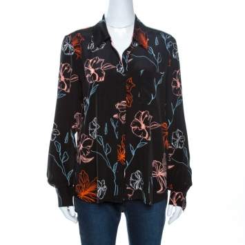 Pre Owned Diane Von Furstenberg Black Floral Printed Silk Shirt L