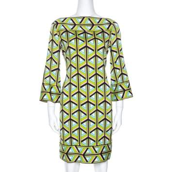 Pre Owned Diane Von Furstenberg Green Printed Silk Andati Shift Dress S