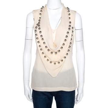 Pre Owned Diane Von Furstenberg Cream Silk Silver Balls Embellished Amya Solid Top L