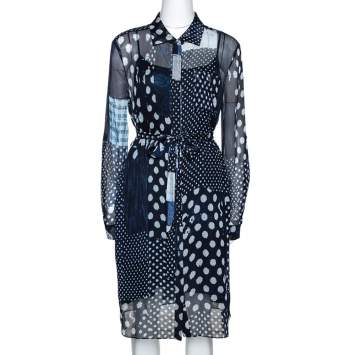 مملوكة مسبقًا Diane Von Furstenberg Indigo Patchwork Print Silk Prita Long Shirt Dress L