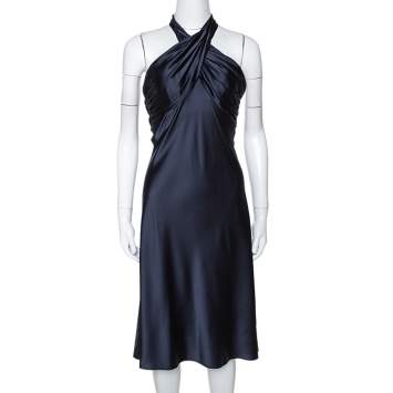 Pre Owned Diane Von Furstenberg Midnight Blue Stretch Silk Halter Neck William Dress M