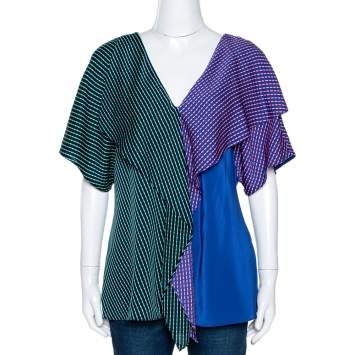 Pre Owned Diane von Furstenberg Blue Printed Color Block Silk Ruffled Blouse L