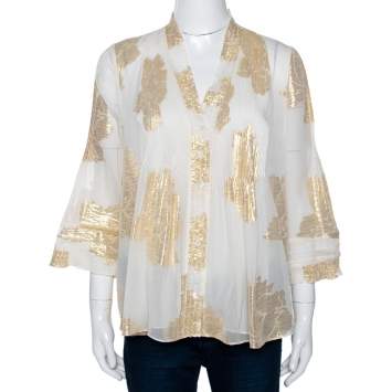 Pre Owned Diane von Furstenberg Cream Brocade Silk Pleated Layla Top M