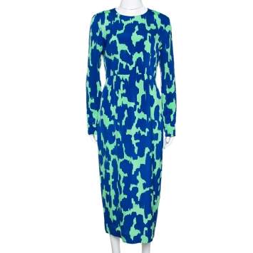 Pre Owned Diane von Furstenberg Blue & Green Printed Stretch Silk Midi Dress M