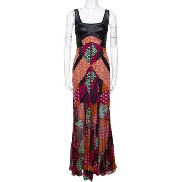Pre Owned Diane Von Furstenberg Multicolor Printed Silk Leather Trim Serena Dress S