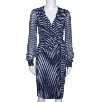 مملوكة مسبقًا Diane Von Furstenberg Navy Blue Printed Silk Sigourney Two Wrap Dress S