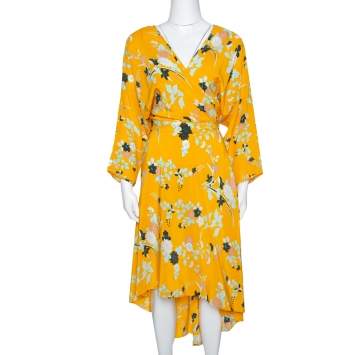 Pre Owned Diane von Furstenberg Yellow Floral Print Silk Eloise Wrap Dress M