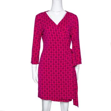 Pre Owned Diane von Furstenberg Pink Floral Print New Julian Two Mini Wrap Dress M