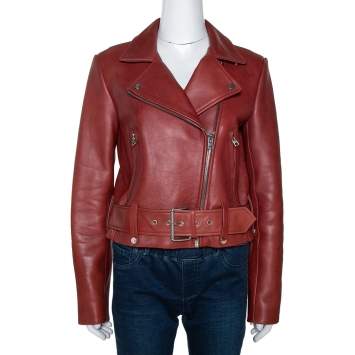 Pre Owned Diane von Furstenberg Wine Red Leather Cropped Biker Jacket M