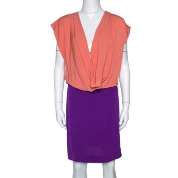 Pre Owned Diane von Furstenberg Two Tone Silk Crepe Reara Draped Dress M