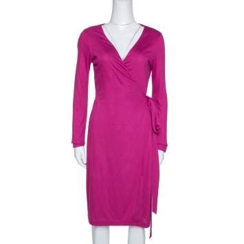 Pre Owned Diane von Furstenberg Fuchsia Pink Jersey New Julian LS Wrap Dress S