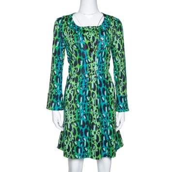 Pre Owned Diane Von Furstenberg Blue & Green Animal Print Silk Jersey Gaby Dress S