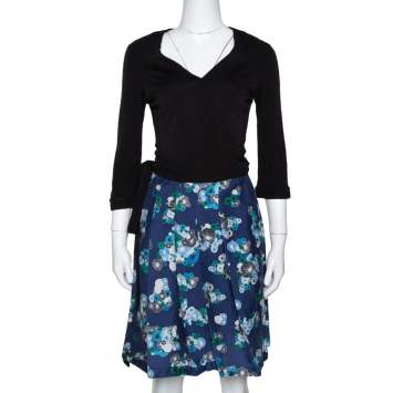 Pre Owned Diane von Furstenberg Navy Blue Wool & Silk Jewel Wrap Dress M