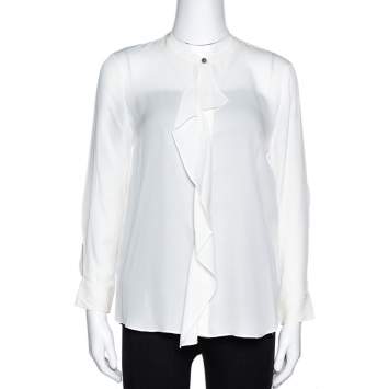 Pre Owned Diane von Furstenberg Cream Silk Ruffle Trim Adelaide Blouse M