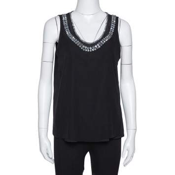 Pre Owned Diane Von Furstenberg Black Crystal Embellished Silk Ade Top S
