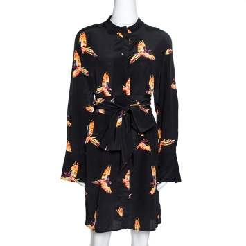 Pre Owned Diane von Furstenberg Black Bird Print Silk Shirt Dress M