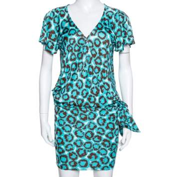 Pre Owned Diane Von Furstenberg Electric Blue Printed Jersey Hayley Wrap Dress M 